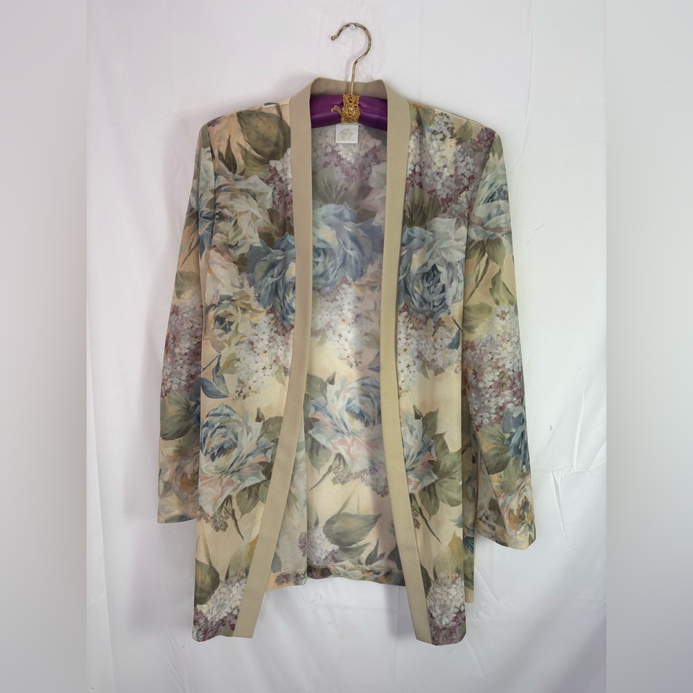 VTG 90s Structured Ethereal Boho Tan Floral Lightweight Open Cardigan Size‎ XL